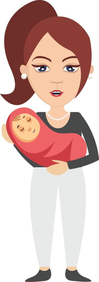 Mujer sosteniendo bebé, ilustración, vector sobre fondo blanco.