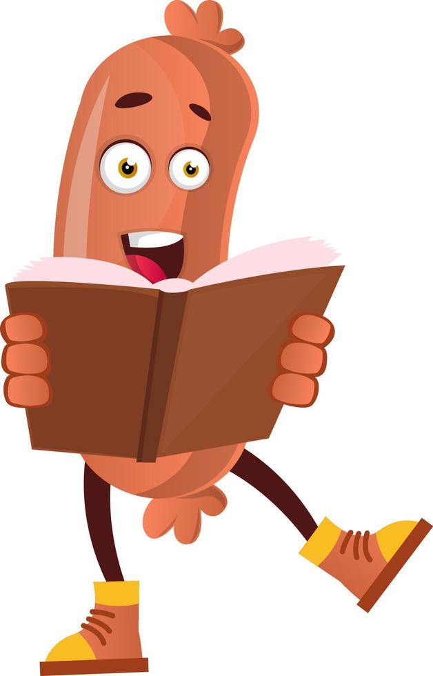 Sausage reading book, illustration, vector on white background.