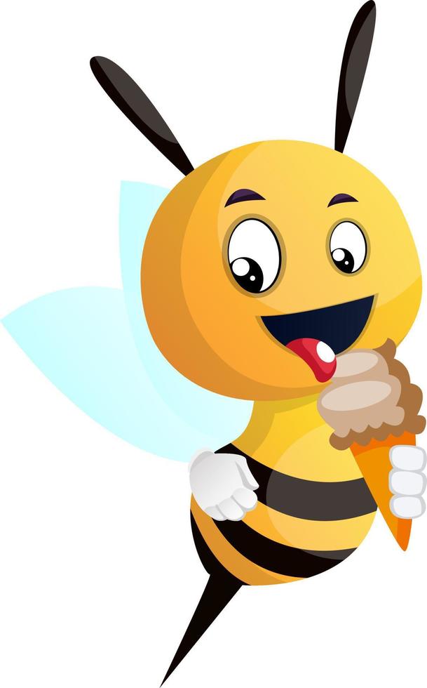Bee licking ice cream, illustration, vector on white background.