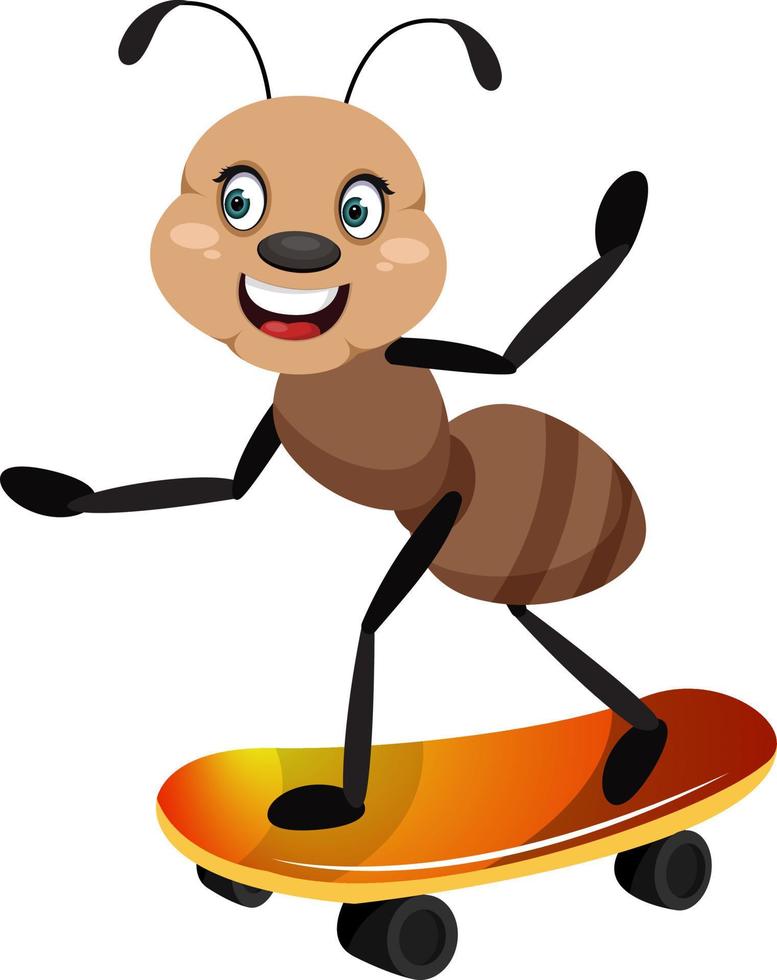 Ant riding skateboard, illustrator, vector on white background.