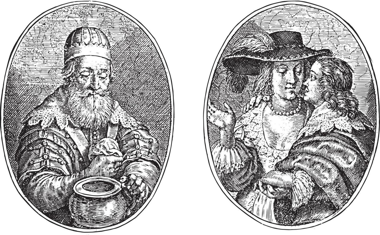 Lord of S.H. and his wife, Crispijn van de Passe II, 1641, vintage illustration. vector