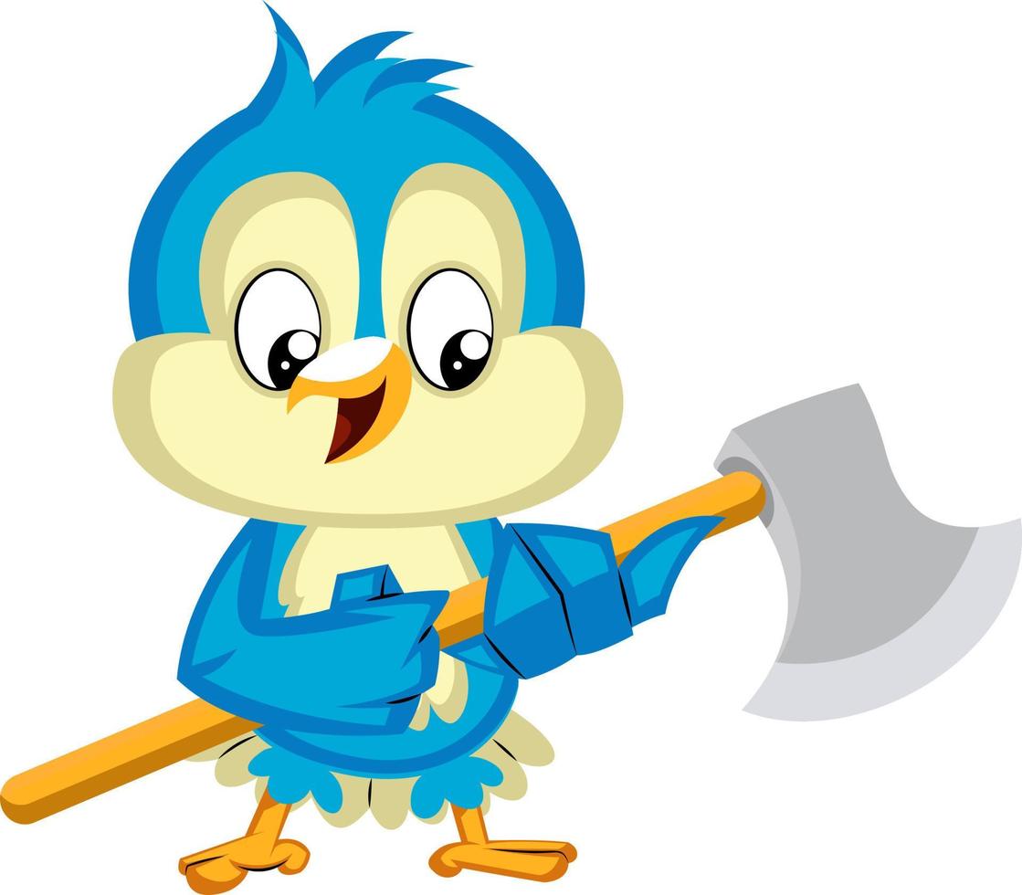 Blue bird is holding an axe, illustration, vector on white background.