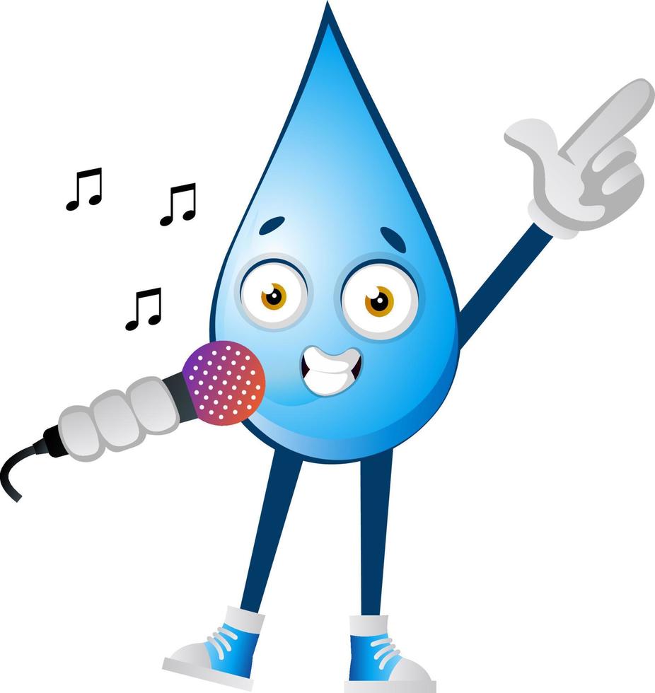 Water drop singing on microphone, illustration, vector on white background.