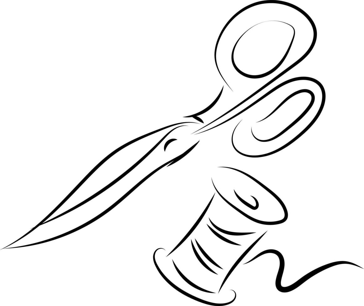 Thread and scissors drawing, illustration, vector on white background