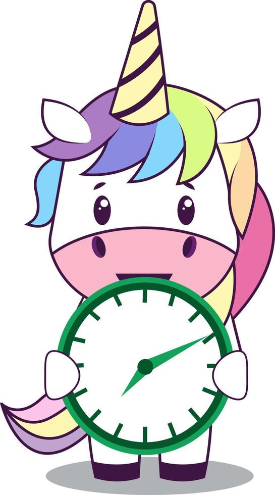 Unicorn with clock, illustration, vector on white background.