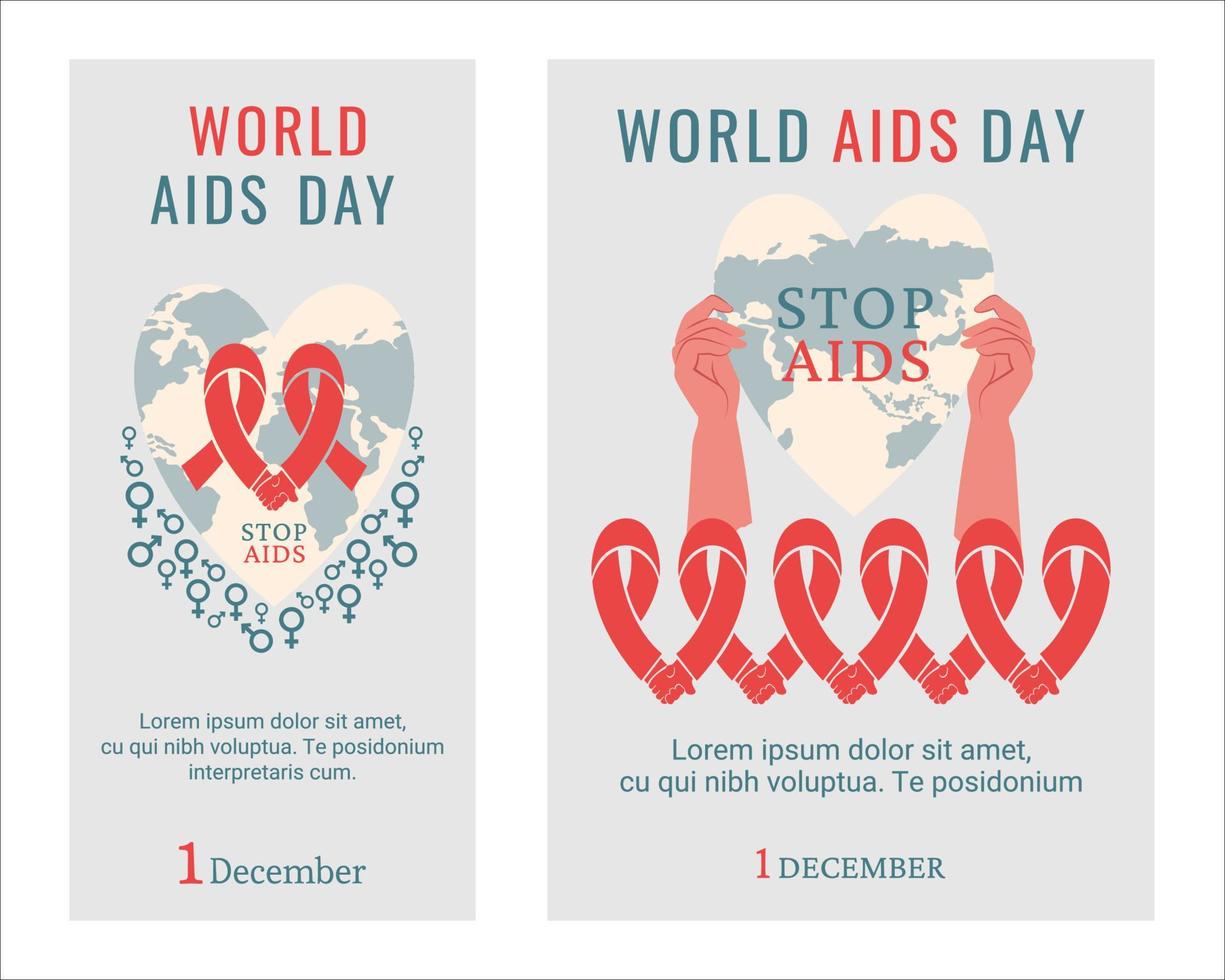 AIDS day poster, flyer. Human hands holding red AIDS ribbon. Earth in shape of heart with gender signs, lettering. Awareness of AIDS. Support for hiv infected people. Vector illustration