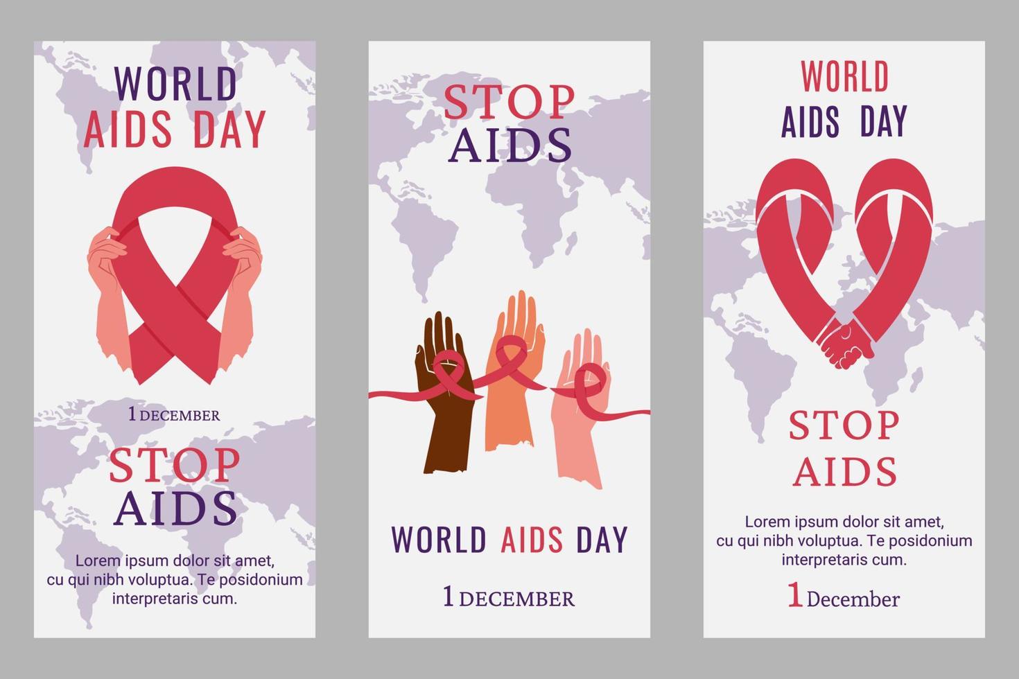 Set of flyers, posters for World Aids day. Human hands of different colour and nationality holding red ribbon. Earth, lettering, elements for any purposes. Support for hiv infected people. Vector