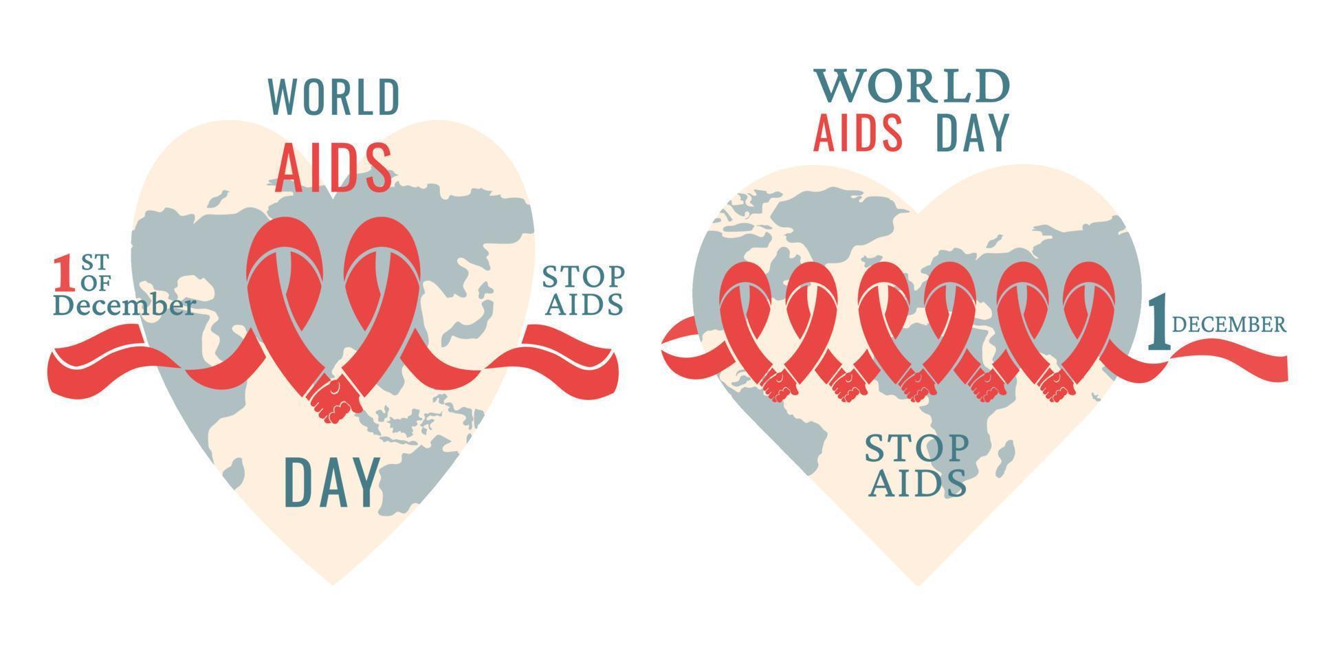 World Aids day. Set of elements for banners, flyers, posters, web. Red ribbon with earth in shape of heart. Awareness of AIDS. Support for hiv infected people. Vector illustration
