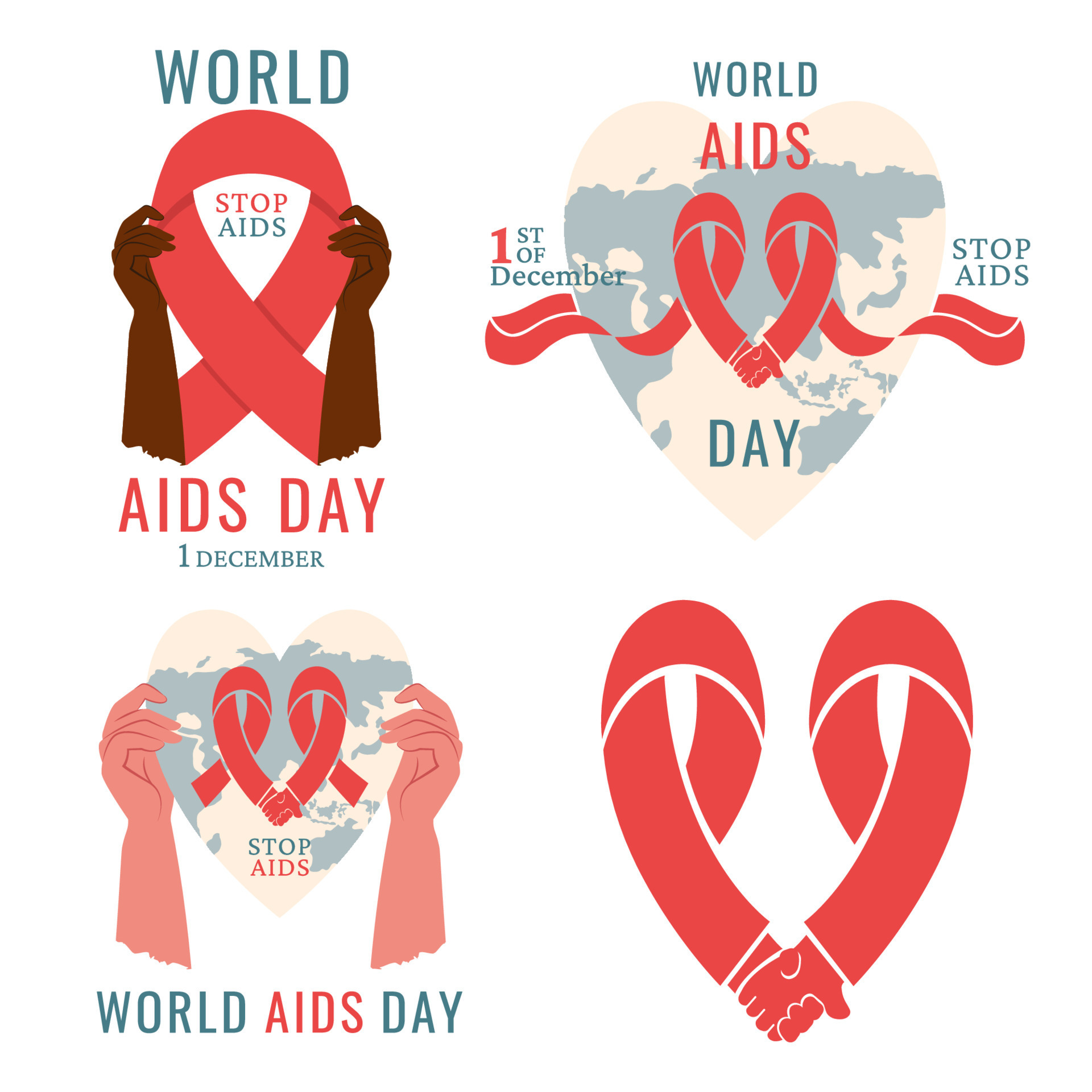 Set of AIDS symbol for banners, flyers, posters, web. Human hands of different colour