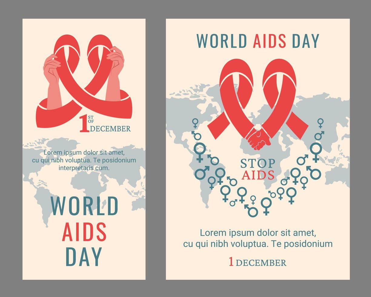 World AIDS day poster, flyer. People holding red ribbon as symbol of the AIDS control. Support for hiv infected people. World map with gender signs, lettering. Vector illustration