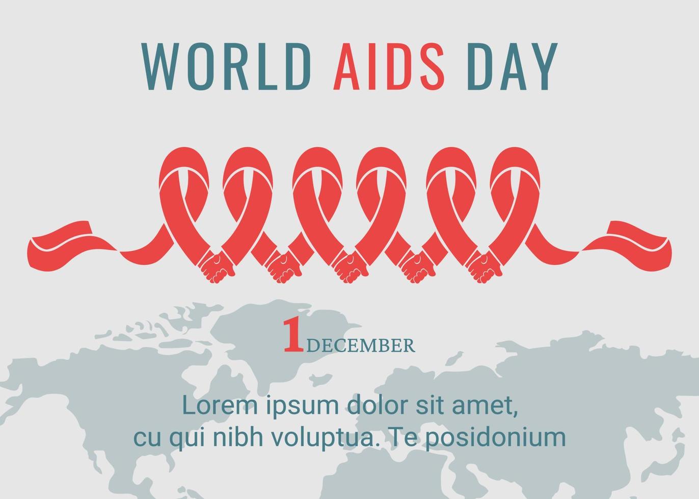 World AIDS day banner. Red ribbon as symbol of the AIDS control. Support for hiv infected people. World map with lettering. Vector illustration