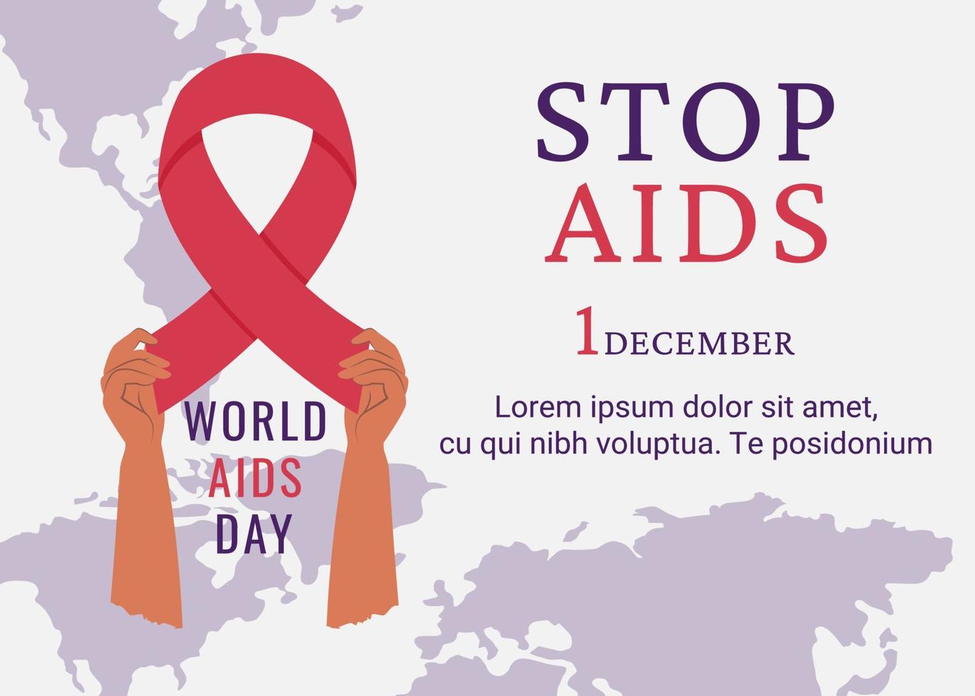 AIDS day banner. Human hands holding red AIDS ribbon. Awareness of AIDS. Support for hiv infected people. Vector illustration