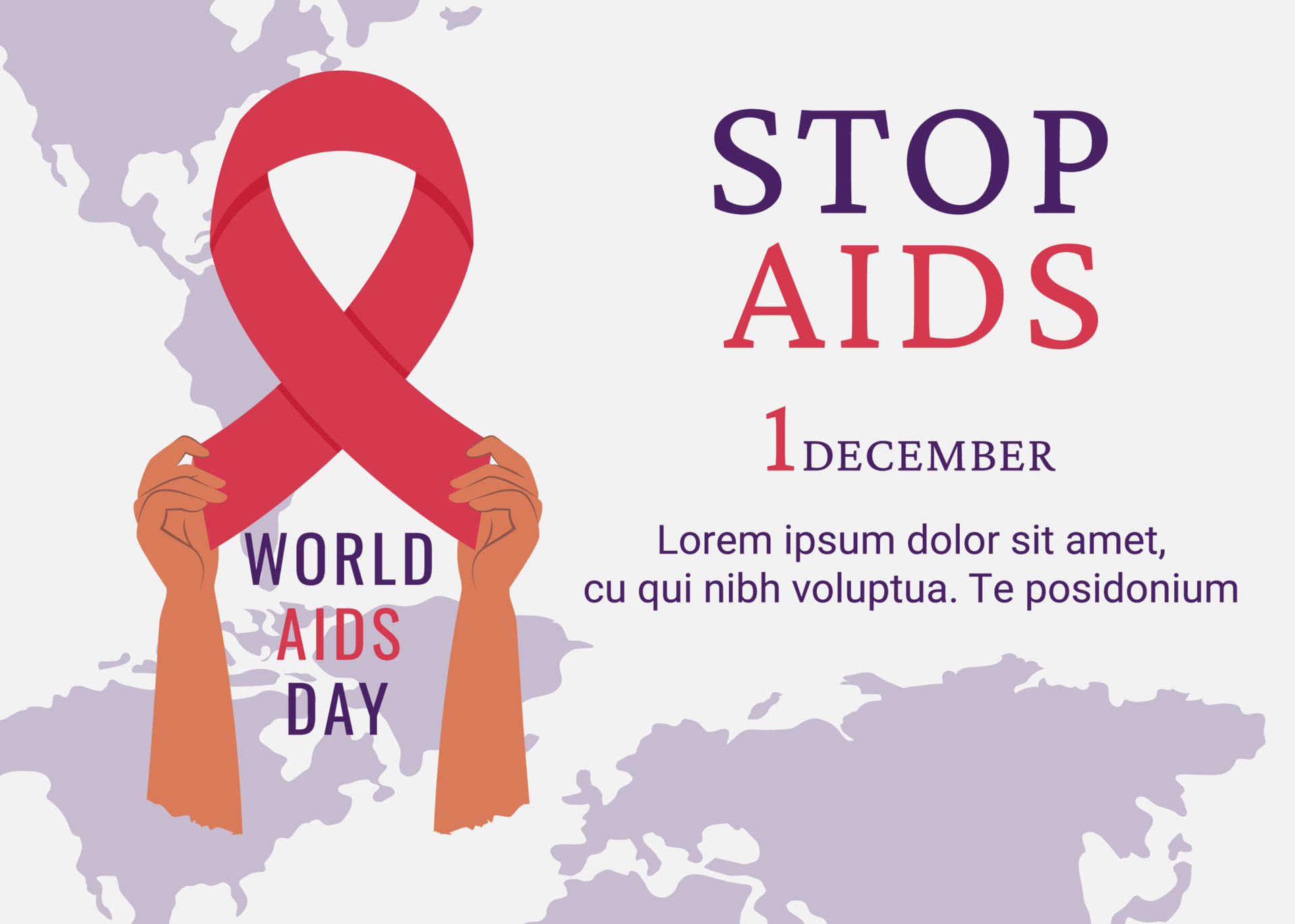 AIDS day banner. Human hands holding red AIDS ribbon. Awareness of AIDS. Support for hiv