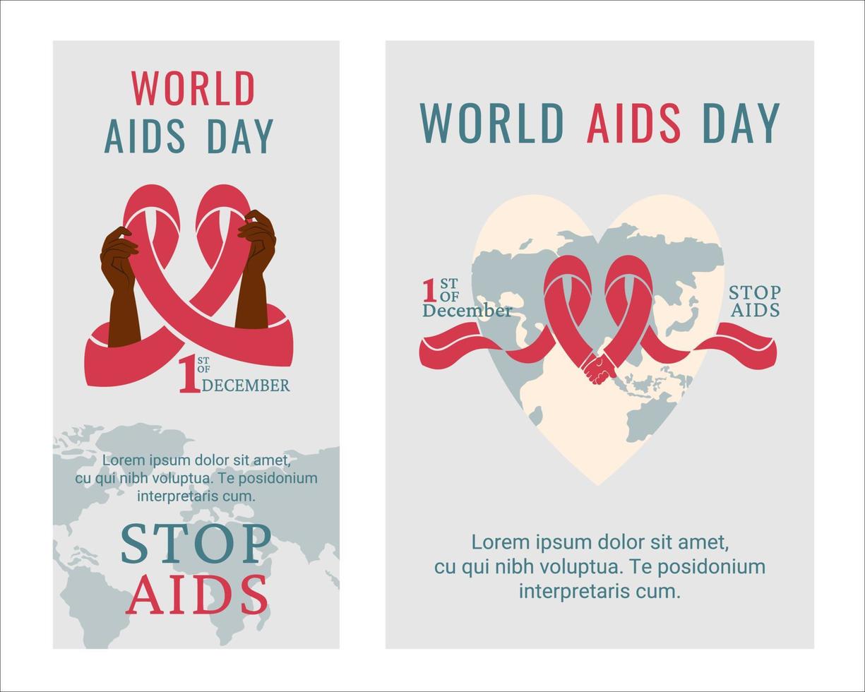 Set of AIDS day for poster, flyer. Human hands of different colour, nationality holding red ribbon. Awareness of AIDS. Tape around world. Support for hiv infected people. Vector illustration