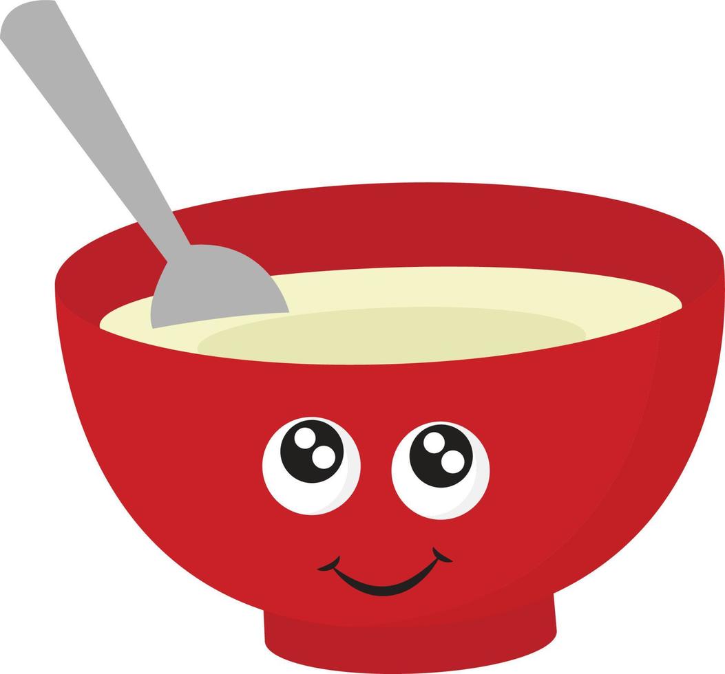 Soup in red bowl, illustration, vector on white background.