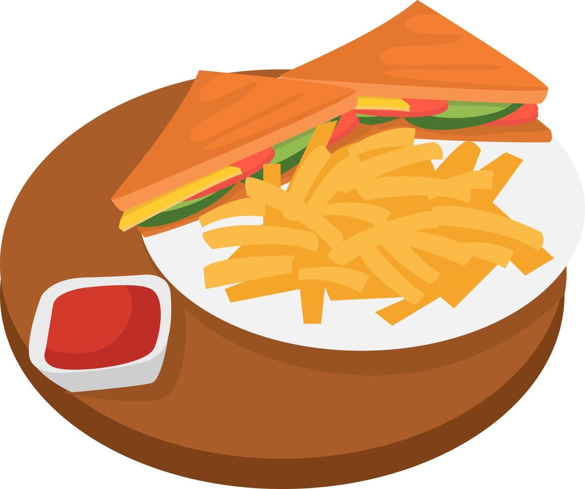 Sandwich with fries, illustration, vector on white background