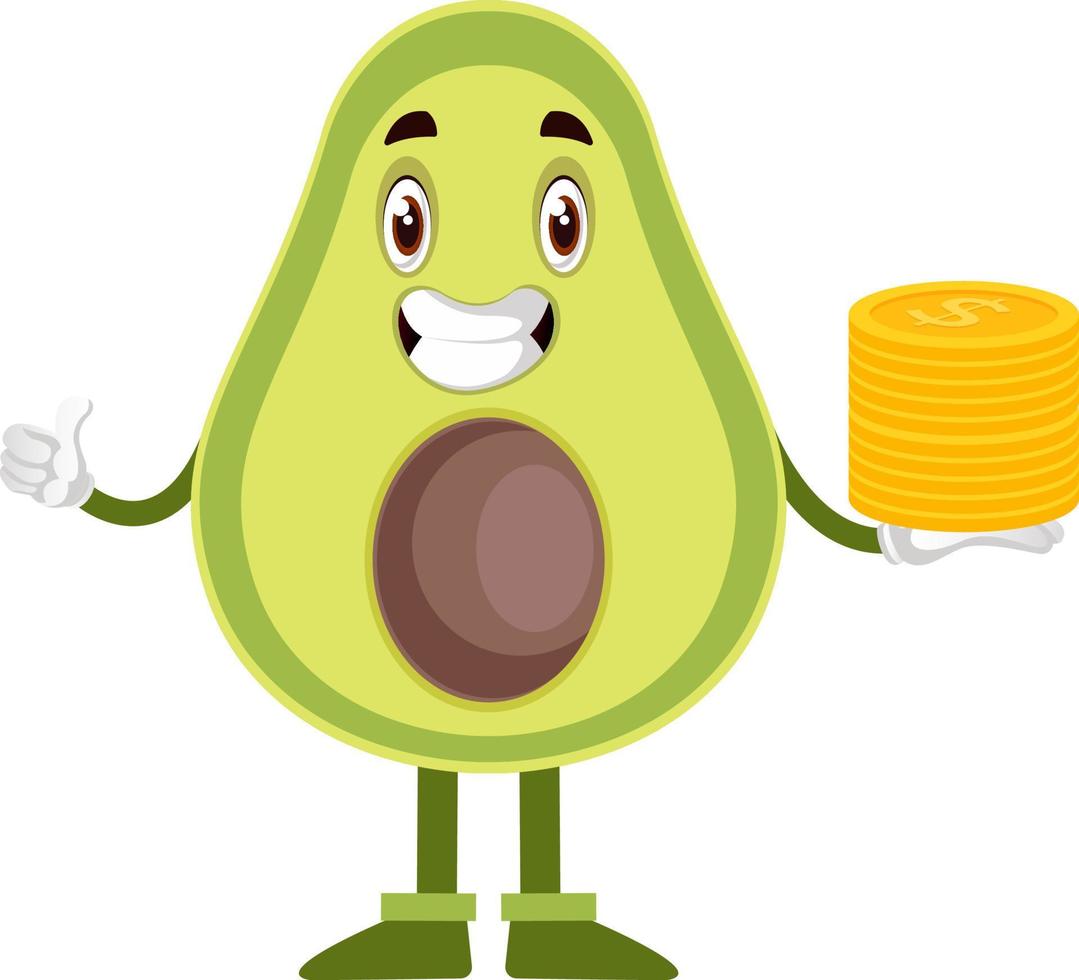 Avocado with coins, illustration, vector on white background.