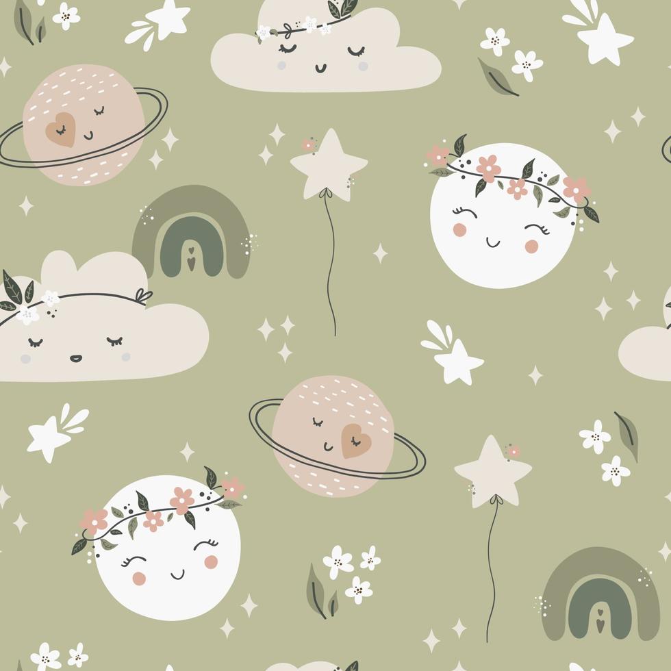 Cute seamless childish simple pattern for kids with cute moons and stars in Scandinavian style. Baby pattern with night sky. Fabric design. Wallpaper. Kids room design. vector