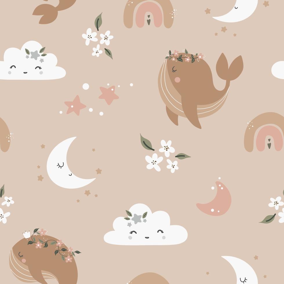 Seamless pattern with whales and moon in Scandinavian style. Cute baby animals. Pattern for children with whales. vector