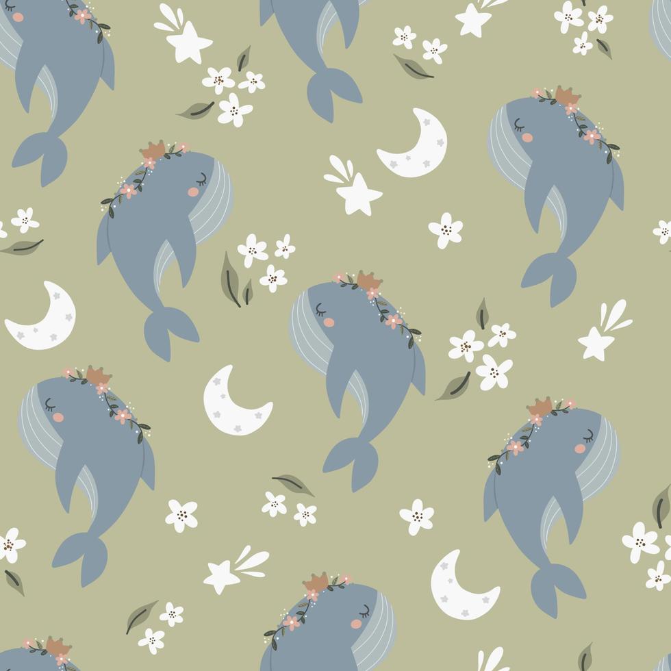 Seamless pattern with whales and moon in Scandinavian style. Cute baby animals. Pattern for children with whales. vector