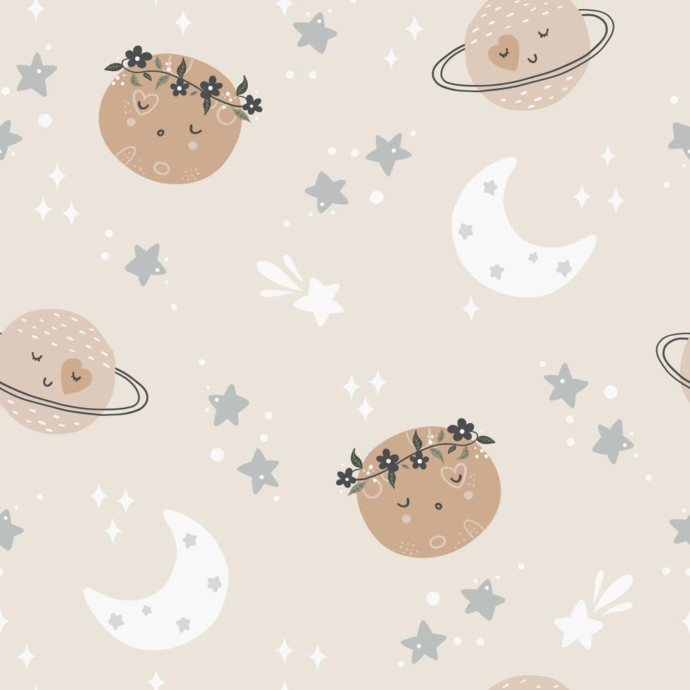 Cute seamless childish simple pattern for kids with cute moons and stars in Scandinavian style. Baby pattern with night sky. Fabric design. Wallpaper. Kids room design. vector