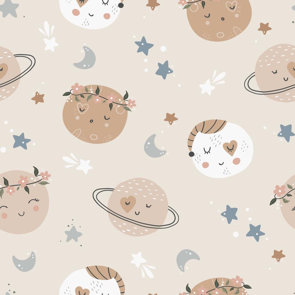 Cute seamless childish simple pattern for kids with cute moons and stars in Scandinavian style. Baby pattern with night sky. Fabric design. Wallpaper. Kids room design. vector