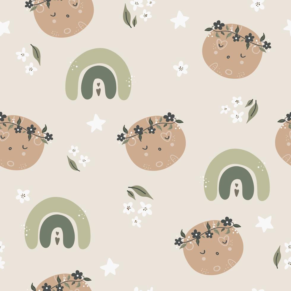 Cute seamless childish simple pattern for kids with cute moons and stars in Scandinavian style. Baby pattern with night sky. Fabric design. Wallpaper. Kids room design. vector