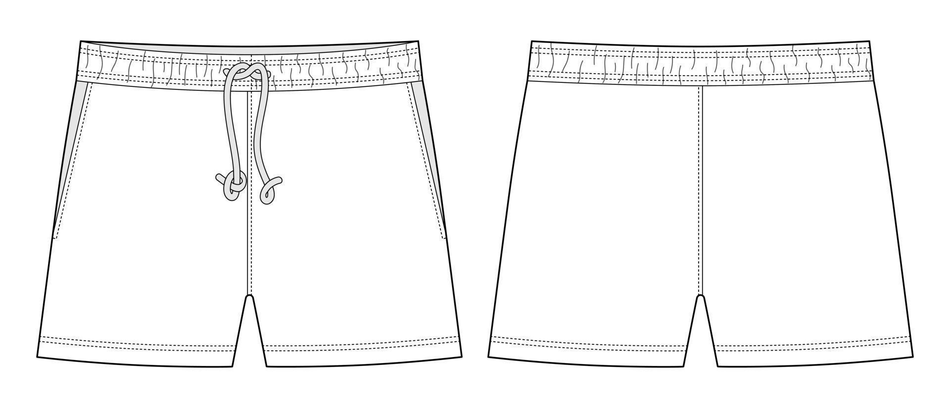 Blank shorts pants technical sketch design template. Casual shorts with pockets and lace vector