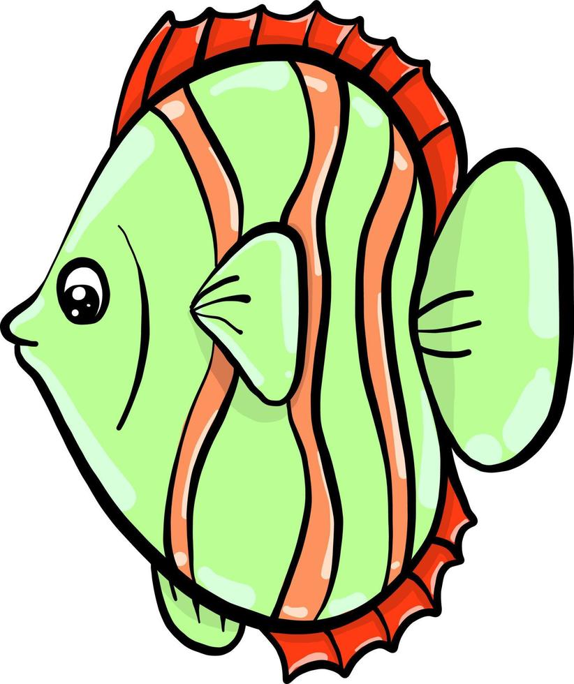 Green fish with red stripes, illustration, vector on white background