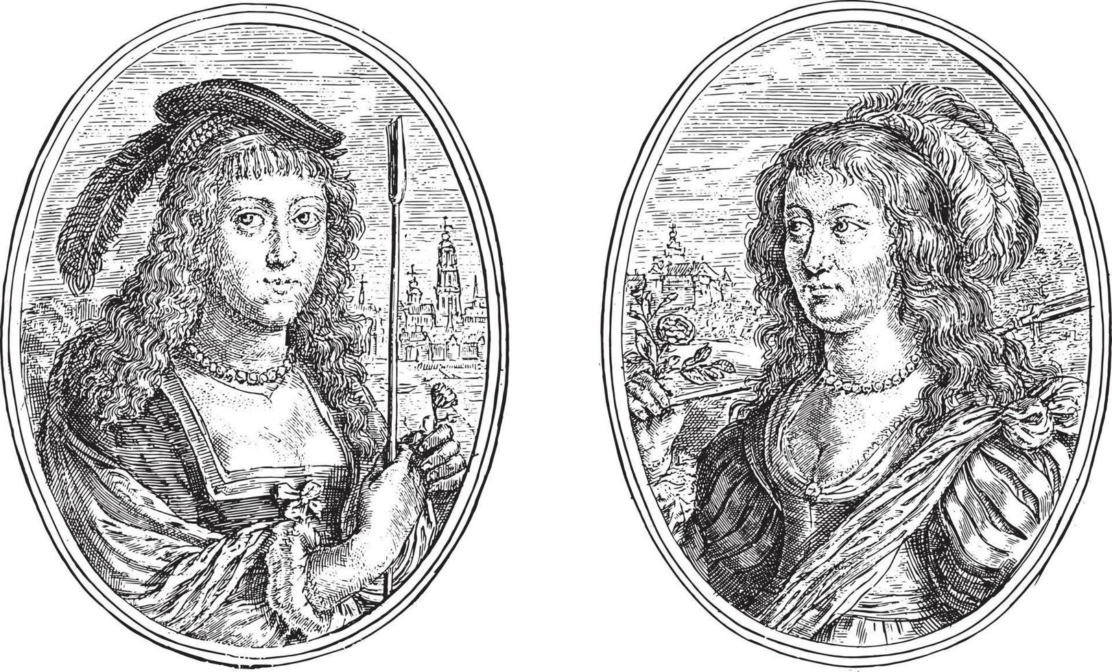retratos de dos mujeres desconocidas, ilustración antigua. vector