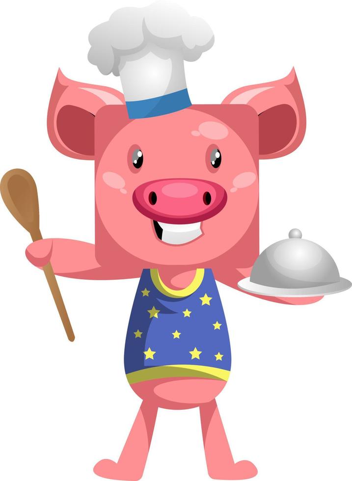 Pig in chef outfit, illustration, vector on white background.