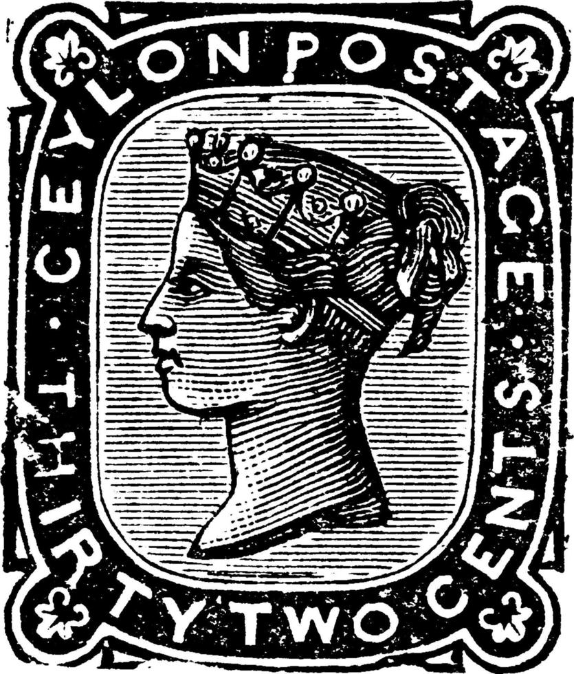 Ceylon Thirty Two Cents Stamp in 1872, vintage illustration. vector