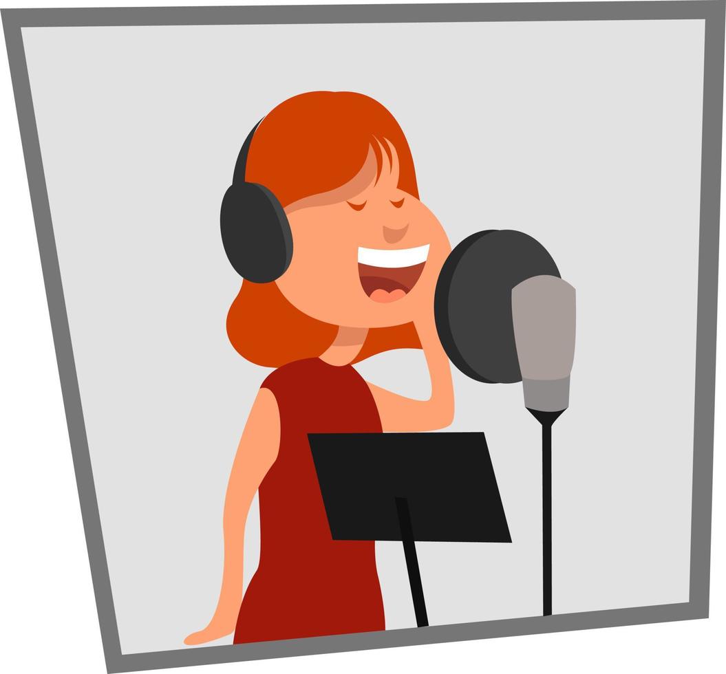 Woman in recording studio, illustration, vector on white background