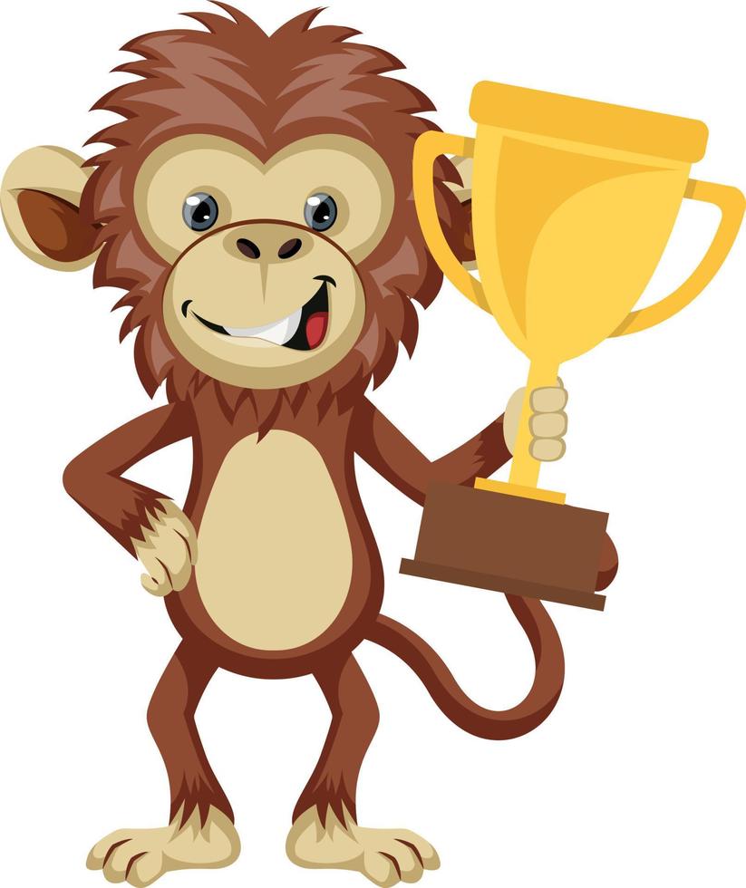 Monkey holding trophy, illustration, vector on white background.
