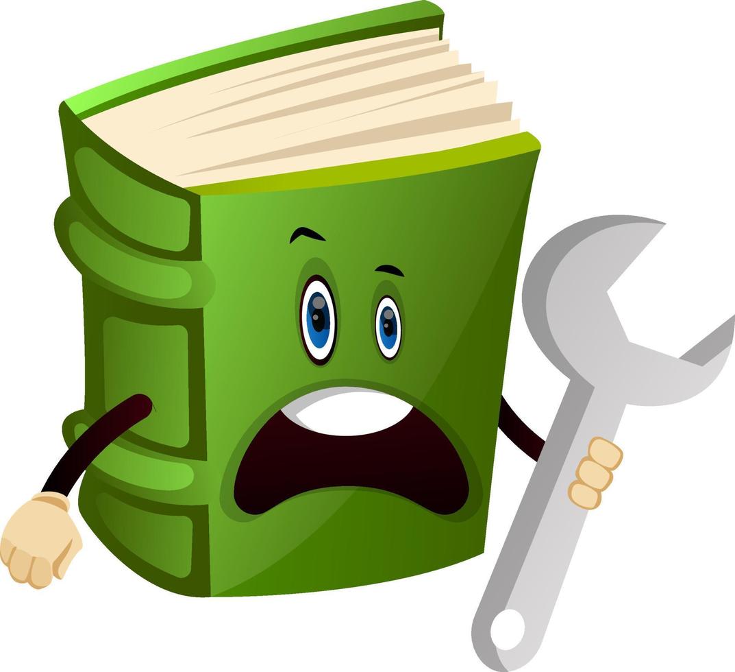 Cartoon book character is holding wrench tool, illustration, vector on white background.