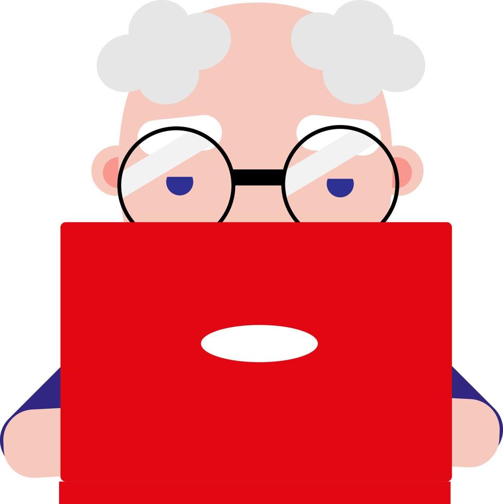 Old man with red laptop, illustration, vector on a white background.