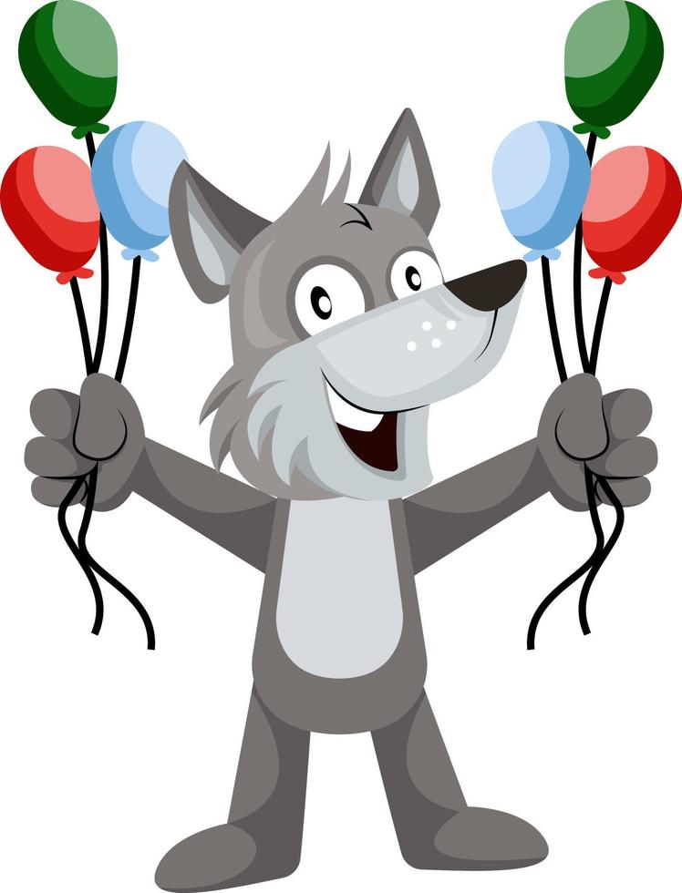 Wolf with balloons, illustration, vector on white background.