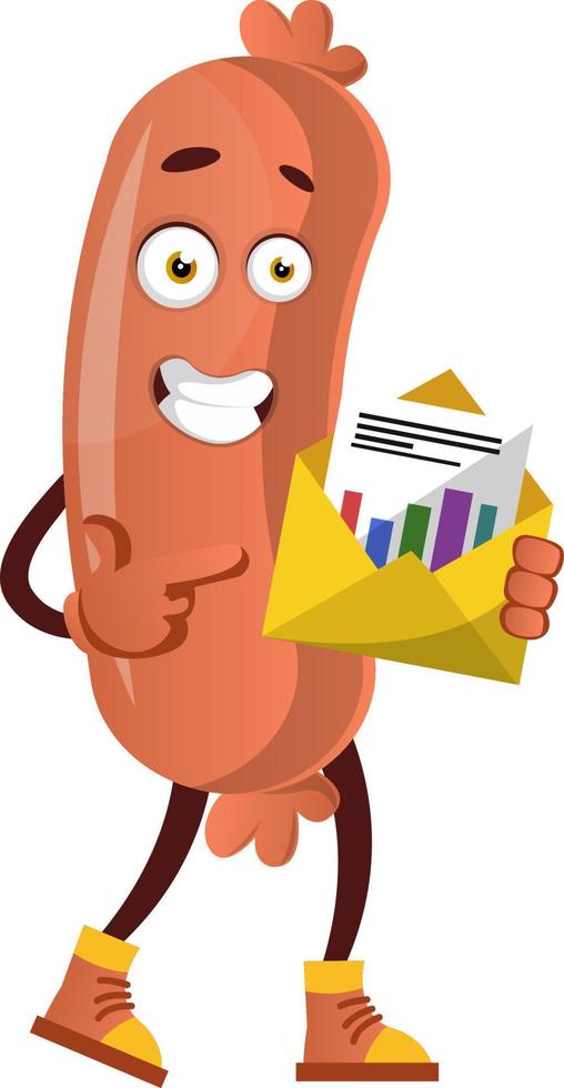 Sausage with envelope, illustration, vector on white background.