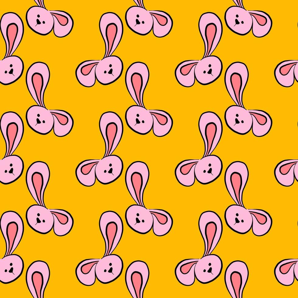 Bunny head with long ears, seamless pattern on yellow background. vector