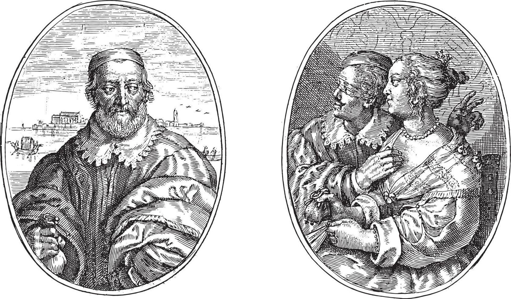 noble de venecia y su esposa leonella, crispijn van de passe ii, 1641, ilustración antigua. vector