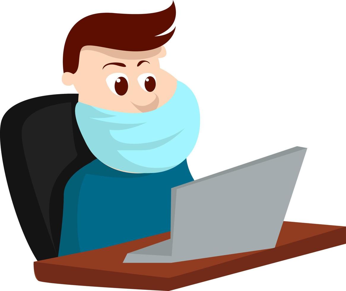 Man with medical mask working, illustration, vector on white background