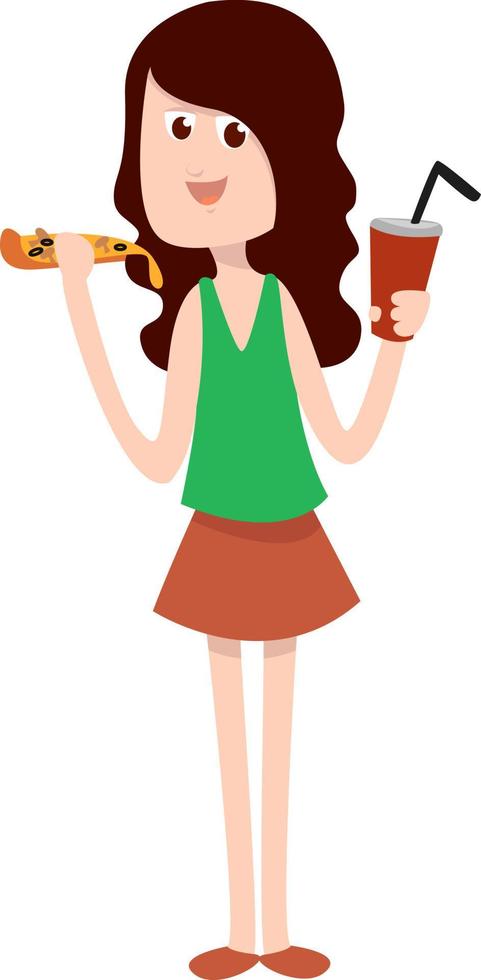 Girl eating pizza, illustration, vector on white background
