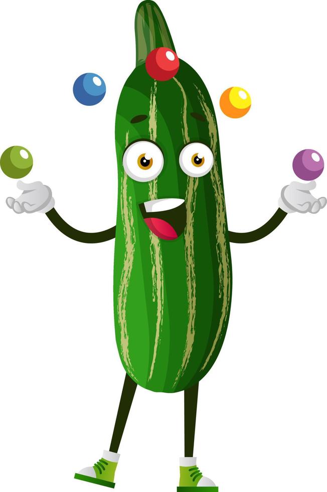 Cucumber juggling, illustration, vector on white background.