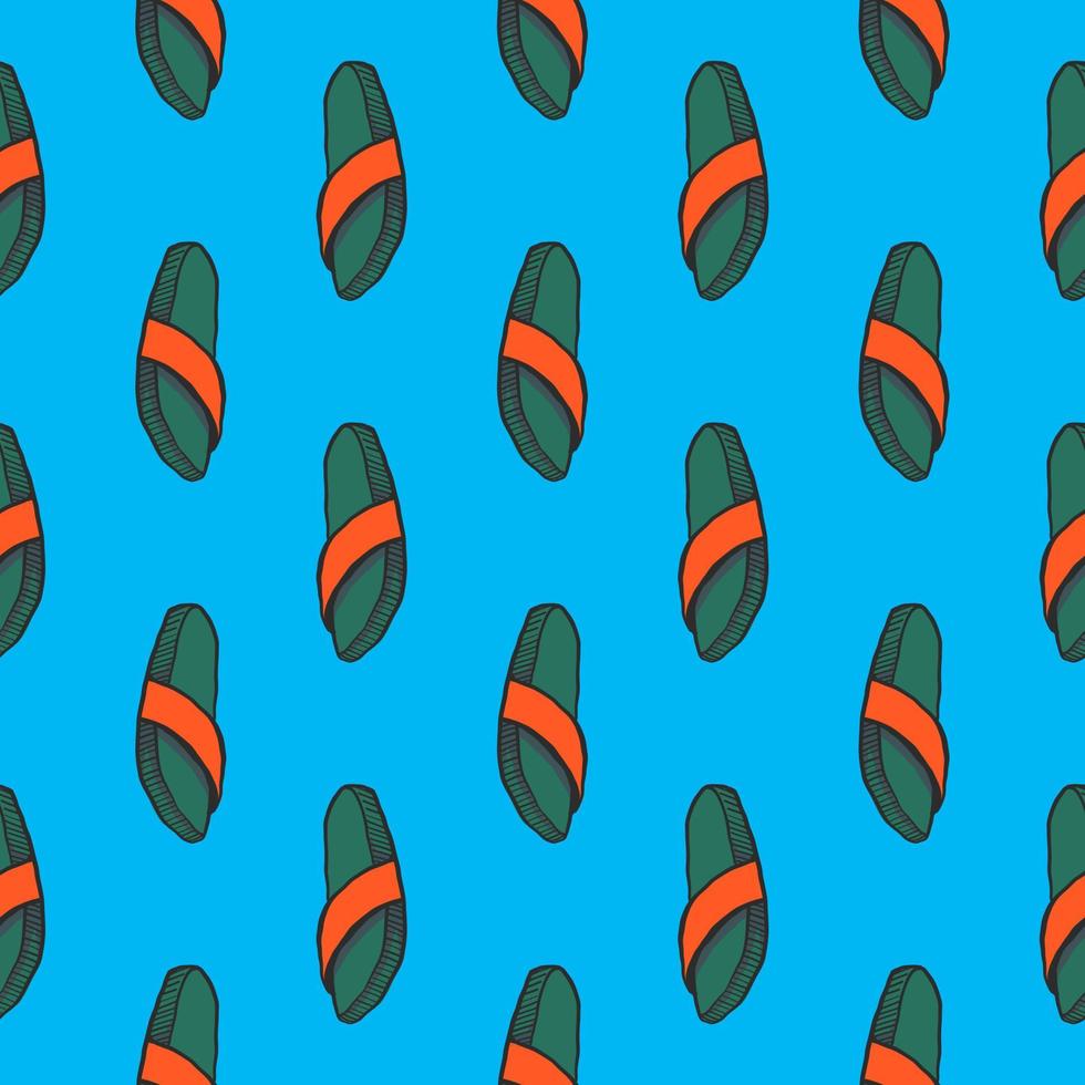 Green slippers ,seamless pattern on light blue background. vector