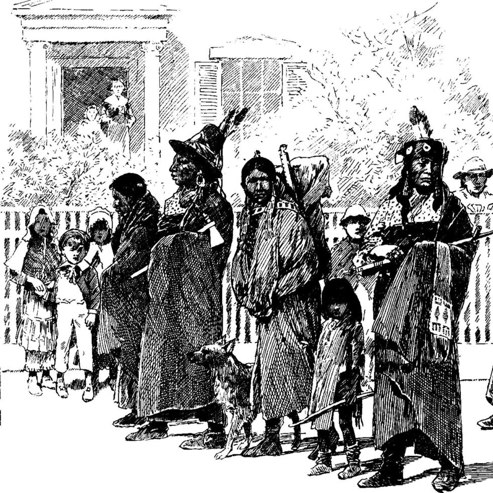 Indians Walking along a Street, vintage illustration vector