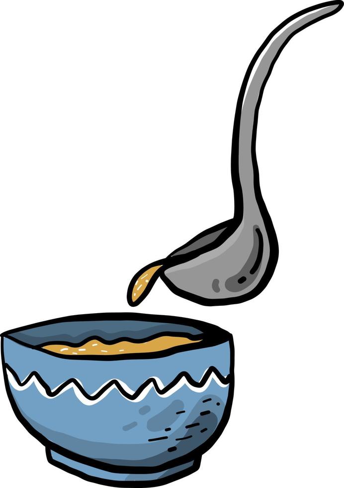 Bowl and a laddle, illustration, vector on white background