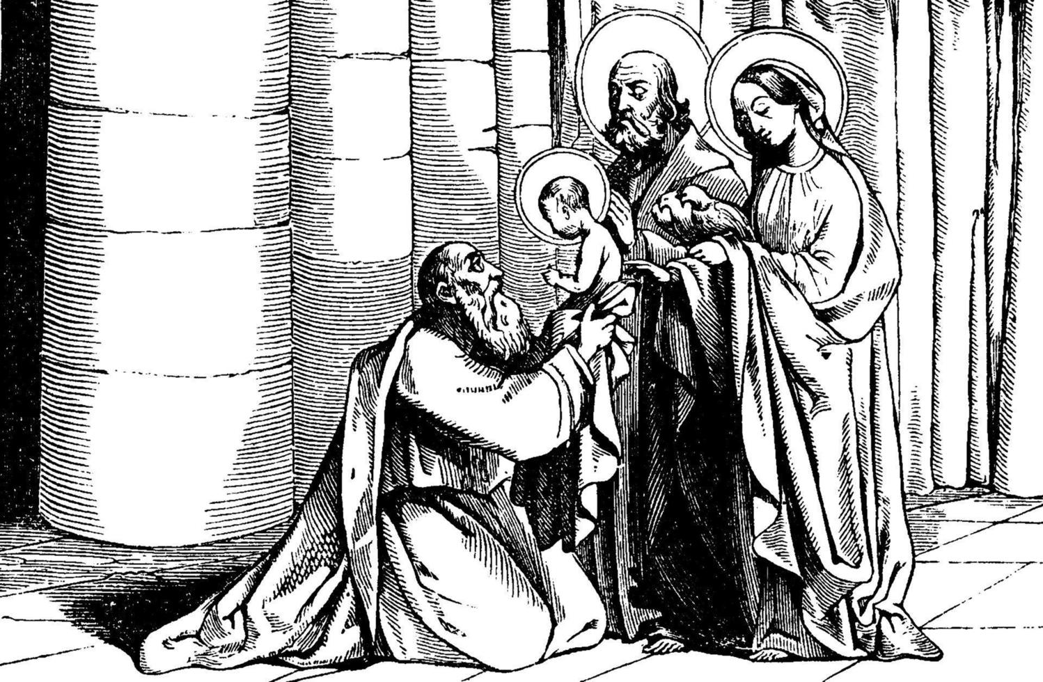 Presentation of Jesus at the Temple - Encounter with Simeon vintage illustration. vector