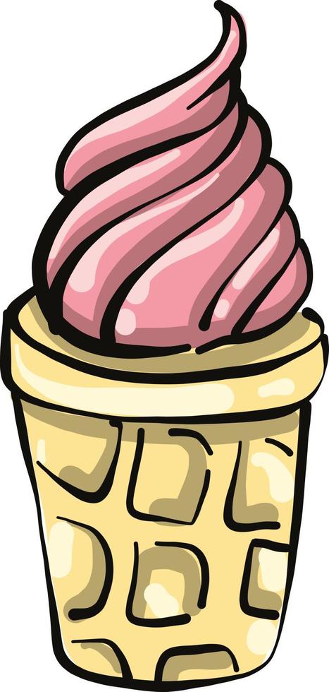 Pink ice cream in a very small cone, illustration, vector on a white background.