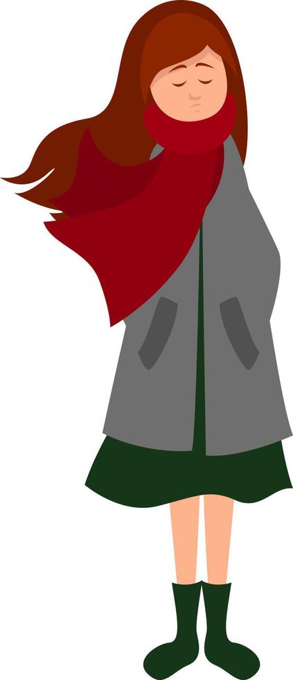 Girl with a grey coat, illustration, vector on a white background.