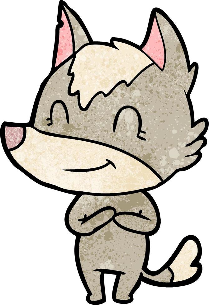 Retro grunge texture cartoon happy wolf vector